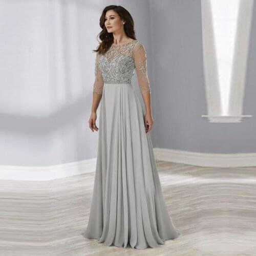 2021 Latest Gray Beading Bodice Illusion O Neck Mother of the Bride Dresses With Three Quarter Sleeves Wedding Party Gowns Long