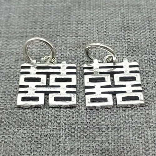 925 Sterling Silver Chinese Double Happiness Charms 2-sided Good Fortune Luck for Bracelet Necklace