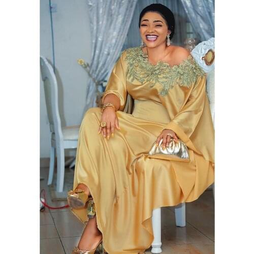 DOIB African Women Dresses Plus Size Satin Dashiki Diamond Beads Embordery African Clothes Abaya Dubai Muslim Dress Robe