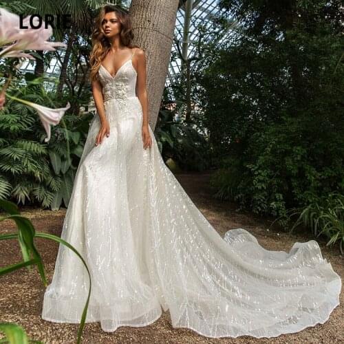 LORIE Shiny Wedding Dress 2021 V-Neck Flowers Mermaid Wedding Gown Princesses Romantic Bride Dresses vestido de noiva brilhoso