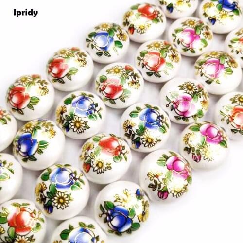 10Pcs /lot 16mm Pearl White Flat Round resin beads by Painting Vintage, the bottom of Flower Pattern fit DIY Jewelry Making