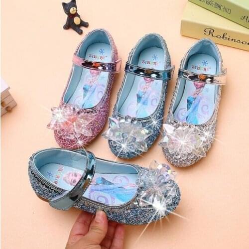 Disney Princess Kids Leather Shoes For Girls Frozen Elsa Glitter Crystal Children Flat Heel Girls Single Shoes Butterfly Shoe