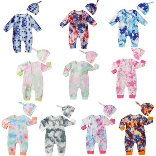 Infant Newborn Baby Girl Boy Tie Dye Romper Long Sleeve Jumpsuit Spring Autumn Baby Random Dyeing Print Romper + Casual Cap Set