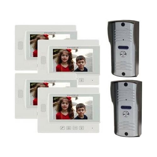 ZHUDELE Home Security Intercom System For 2 Doors,7" Video Door Phone Monitor+700TVL Smart IR Camera w/t Waterproof cover 2V4