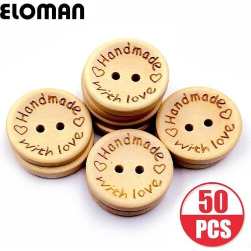 ELOMAN 50PCS/lot Natural Color Wooden Buttons handmade love Letter wood button craft DIY baby apparel accessories