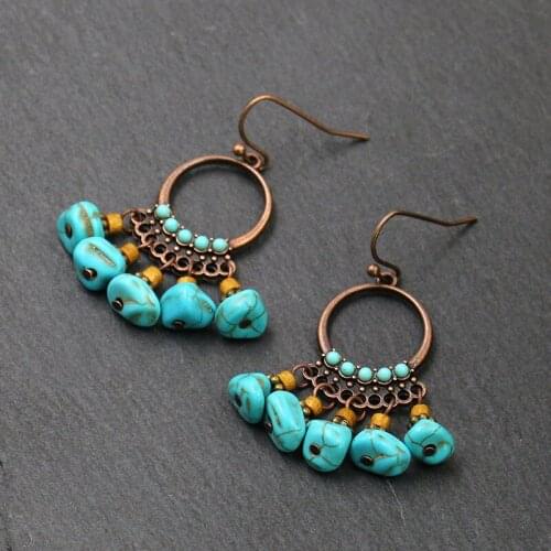 European and American fashion exaggerated hand woven beads tassel round blue natural stone womens pendant earrings wholesale