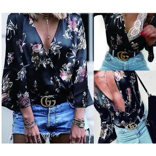 T Shirts Women 2021 Popular Sexy Deep V-Shaped Digital Collar Floral Print Speaker Long-Sleeved T-shirt Tshirt Tops Women ONF010