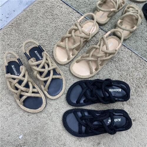 Famous Brand Rope Sandals Women Patchwork Straw Flip Flops Cross-tied Gladiator Sandalias Women Femininas Vintage Flat Shoes
