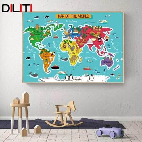 World Map Cartoon Animal Infographic Canvas Painting Posters Nursery Baby Wall Art for Children Room Decorative Print Pictures