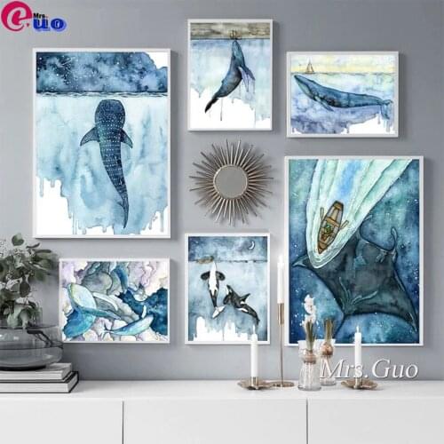 Watercolor Sea Animals 5D Diy Diamond Painting Whale Full Square Round Diamond Embroidery Mosaic Home Decoration