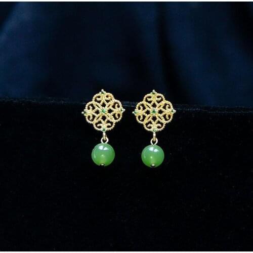 Jinseqi Natural Hetian Jade Chinese Retro Earrings Gilded Earrings Carved Eardrop Earring High-End Elegant Elegant