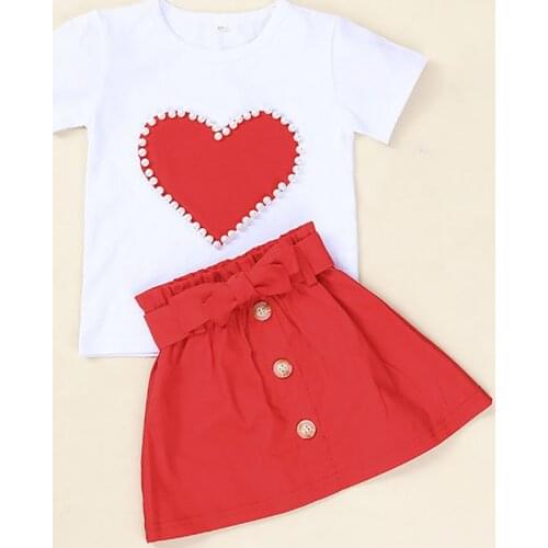 Kids Girls Summer Heart LOVE Clothing Set with Pearl Shirt with Skirt Red Pink Color Valentines Day 12M-5T Years Old JYF