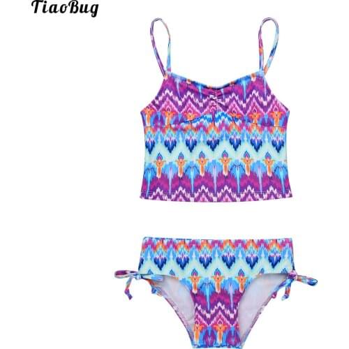 TiaoBug Summer Kids Girls 2Pcs Swimwear Bathing Suit Set Colorful Print Tank Top Side Drawstring Bikini Thong Swimsuit
