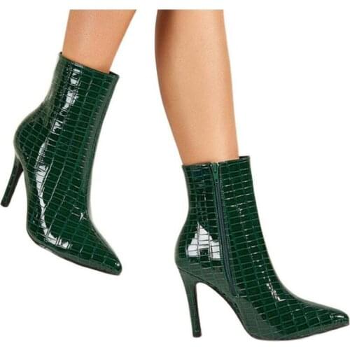 Fashion Retro Stone Pattern Sexy Ankle Boots Women Pointed Toe Thin Heels Shoes Autumn Winter Female Patent Leather Botines