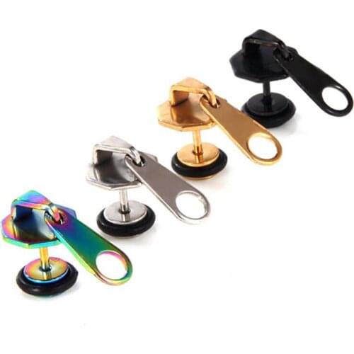 KOFSAC Mens Ear Jewelry Titanium Steel Stud Earrings for Women Punk Hip Hop Rock Personality Zipper Shape Earring Gifts Bijoux