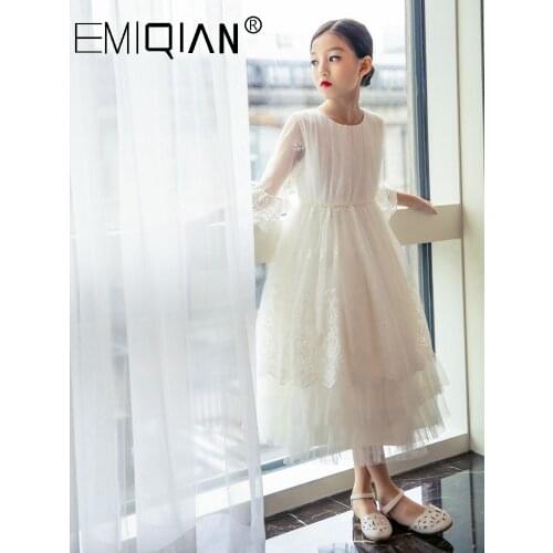 New Sweet Cute Princess Girls Lace Tulle Flower Dress Girl Pageant Party Wedding Long Sleeve Dresses