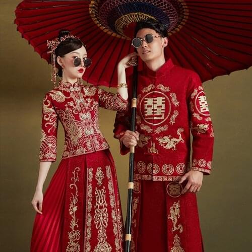 Couple Red Evening Gown Robe Chinese Traditional Bride Clothing Embroidery Wedding Dress Female Male Gown Cheongsam