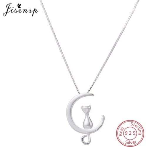 Real 925 Sterling Silver Curved Crescent Moon with Cat Pendant Necklace Women Fine Jewelry Cute Kitten Clavicle Chain Necklaces