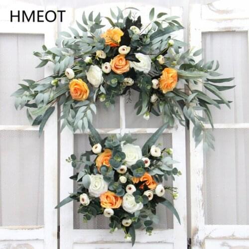 Rose Eucalyptus Willow Leaves Artificial Flower Wreath Door Lintel Christmas Garland Fireplace Wall Hanging Wedding Home Decor