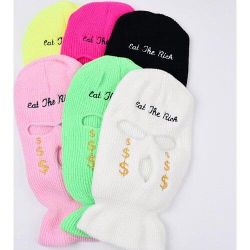 Eat The Rich Letter Embroidery Dollar Sign Balaclava Solid Color Knitting Keep Warm Autumn Winter Men Beanie Ski Cap