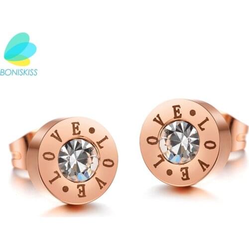 Boniskiss Cute Fashion Rose Gold Color Crystal Stud Earrings Bijoux Women Love Earrings Women Accessories Piercing Love Jewelry