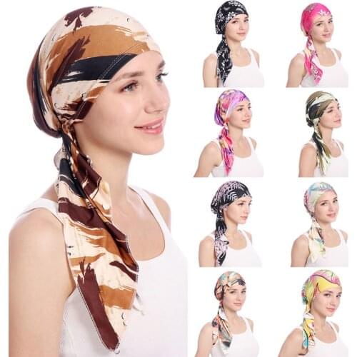 Muslim Women Head Scarf Chemo Hat Turban Pre-Tied Headwear Bandana Tichel Cancer Hair Loss Head Scarf Head Wrap Stretch Caps New