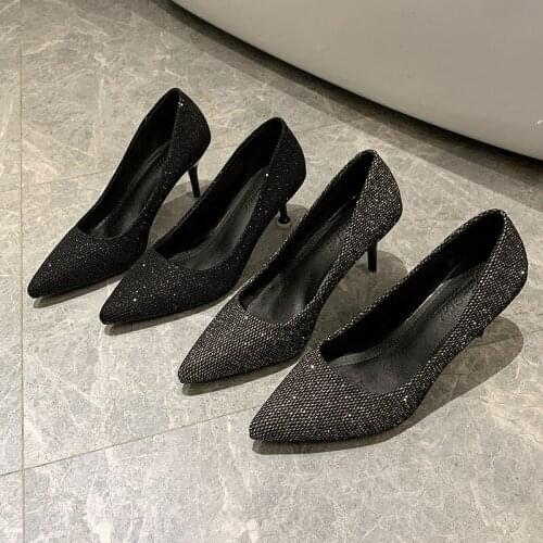 Woman Luxury Bling High Heels Female Ladies Sexy Party Wedding Golden Heel Square Sequins Pointed Toe Shoes Women Pumps U14-45