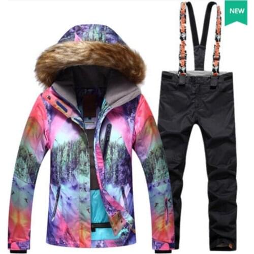 Women Padded Ski Suit Female Violet Fur Collar Snowboard Cycling Climbing Jacket And Black Pants Set Winter Outdoor Sportswear