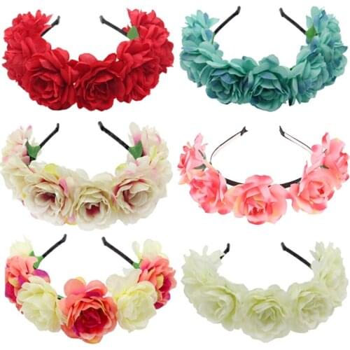 Bohemian Women Wedding Bridal Headband Artificial Colored Blooming Flower Hair Hoop Beach Vacation Headdress Garland Wreath