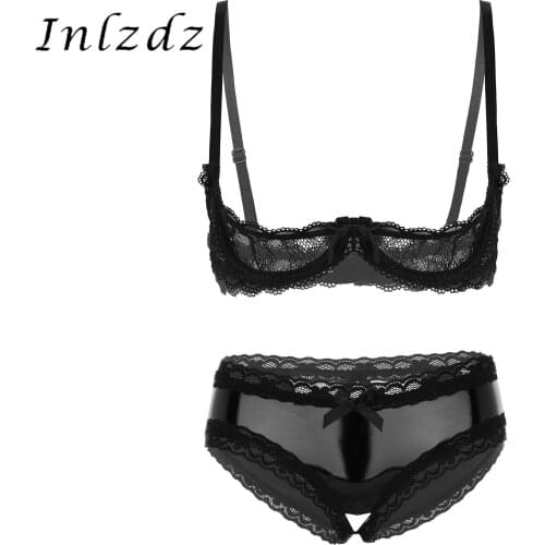 Womens Lingerie Suit See-through Sheer Lace 1/4 Cups Underwire Bra Tops with Patent Leather Crotchless Hollow Out Back Briefs