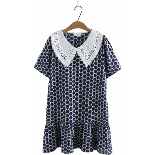 Plus size dress peter pan collar Short sleeve dot ruffles blue summer dresses 2021 elegant casual womens dresses