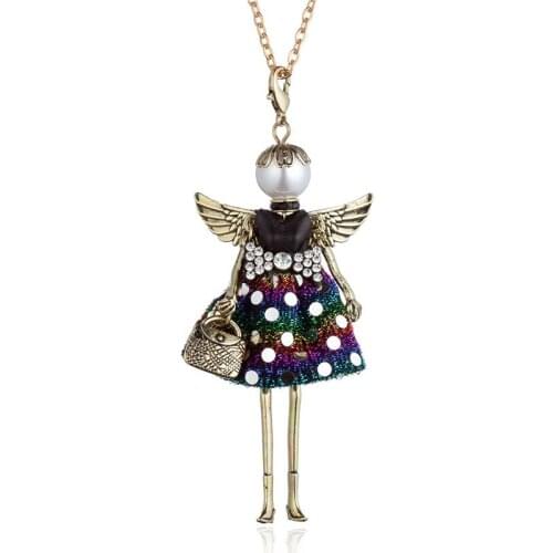 Angel Wing Pearl Head Dot Star Rhinestone Dress Doll Big Choker Necklace&Pendant Women Fashion Long Chain Jewelry Collier Femme