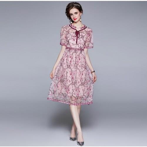 2021 New Summer Runway Desinger Party Dress Women Short Sleeve Round Collar Embroidered Mesh Dress