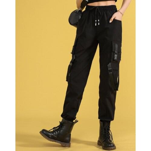 2020 Cargo Pants Womens Spring Harem Pants High Waist Drawstring Big Pockets Ribbon Black Trousers Hip Pop Plus Size P9293