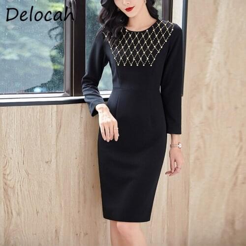 Delocah New 2021 Autumn Women Fashion Designer Midi Dress Long Sleeve Gorgeous Crystal Beading Elegant Ladies Pencil Dresses