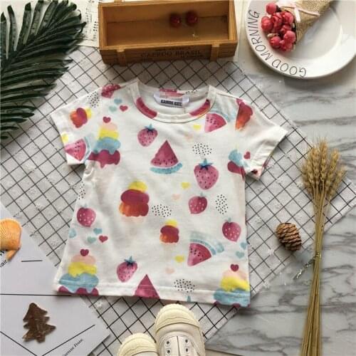 Tonytaobaby Summer New Boys and Girls Full Printed Fruit Strawberry Cotton Knitting Short Sleeve T-shirt