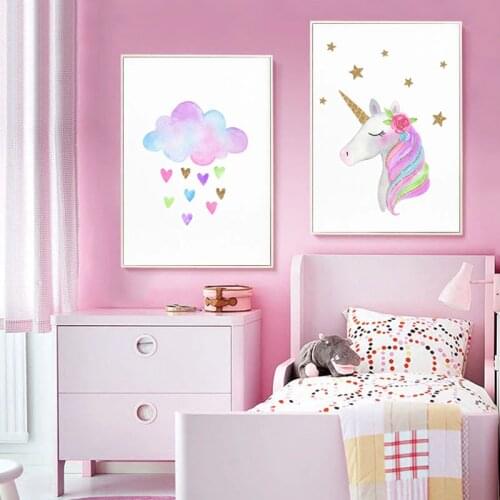 Unicorn Canvas Art Poster Baby Girl Nursery Prints Cartoon Rainbow Wall Painting Nordic Kids Living Room Bedroom Decoration