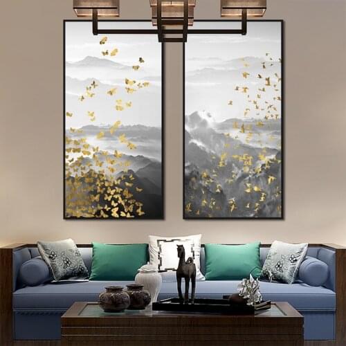 Classic Beautiful Poster Groups Of Golden Butterflies Fly Over Mountains Art Print Canvas Painting Picture For Living Decor