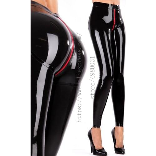Red crotch zipper design black latex leggings womens latex stretch panties and made of 0.4mm thickness natural latex materials