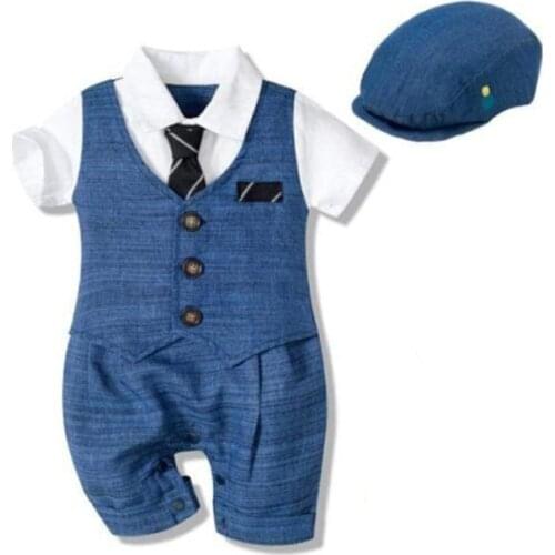 Summer Baby Romper Suit Newborn Boys Formal Clothing Cotton Children Hat + Jumpsuit 4 Pieces Outfit Blue Costume