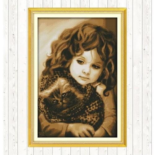 Girl and Cat Cross Stitch Kits Embroidery Handmade Needlework Package 11CT 14CT Cross Stitch Set DMC Floss Kit Wall Home Decor