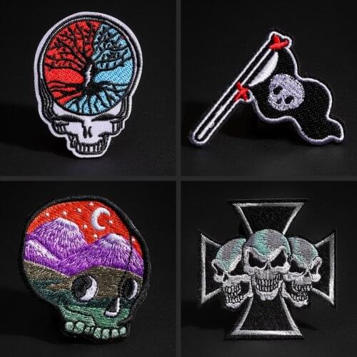 Black flag embroidery patches Cartoon landscape Skull devil Punk pants coats decorate badge hole repair ironing on clothes patch