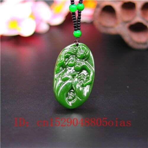 Natural Green Chinese Jade Mermaid Pendant Beads Necklace Fashion Charm Jadeite Jewelry Carved Amulet Gifts for Women Men