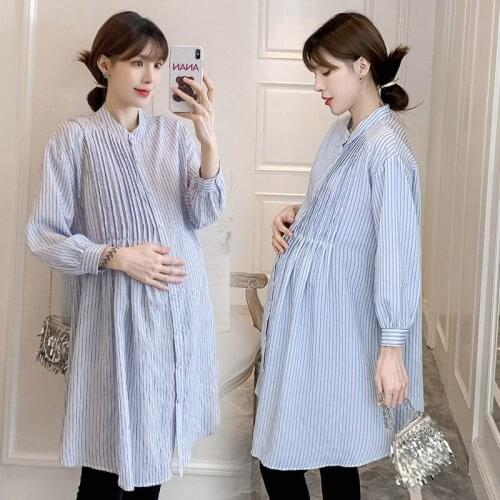 New Spring Chic Striped Pleated Maternity Blouses Korean Fashion Loose Dress Clothes for Pregnant Women Ins Pregnancy Tops