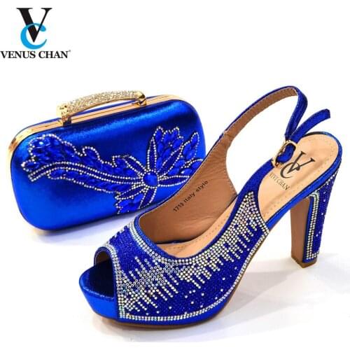 New Design Pointed Toe African 2022 Autumn Lady Shoes and Bag Set in Blue Color Pu Leather Nigerian Women Shoes Matching Bag