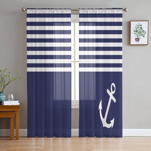 Blue White Stripes Anchor Window Curtains for Living Room Kitchen Door Curtain Sheer Curtains for Bedroom