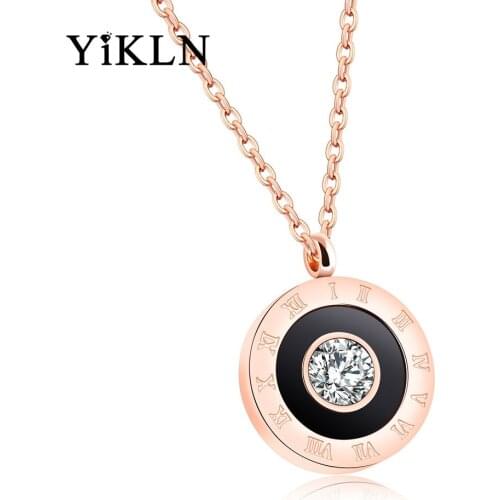 YiKLN Rose Gold CZ Crystal Roman Numeral Pendant Necklace For Women Stainless Steel Link Chain Black Acrylic Necklace YN19106