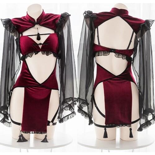 Punk Gothic Black Red Lace Sexy Lingerie for Women Maid Temptation Cute Evil Demon Cosplay Backless Dress Halloween Costumes