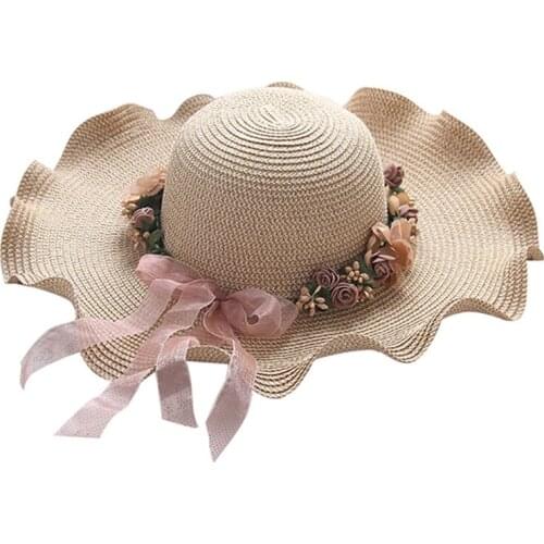 Parent-child Straw Hat Summer Sun-shading Korean Style Female Flower Beach Hats Sunscreen Beach Fashion Foldable Visors Cap H136
