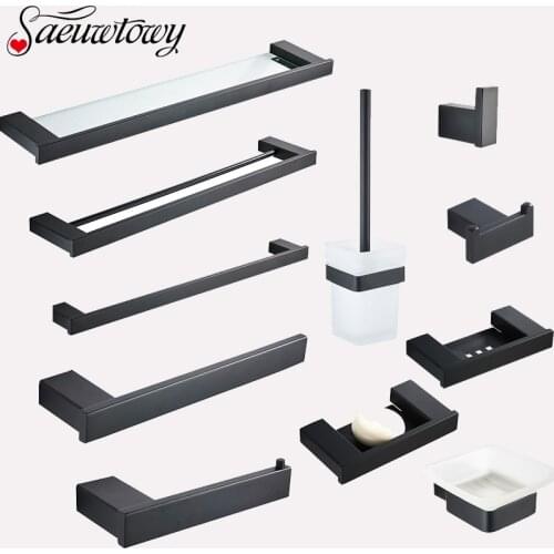 Matte Black Bathroom Hardware Towel Rack, Paper Holder, Hook, Pendant, Toothbrush Cup, Toilet Brush, Four-Piece Set, Soap Tray